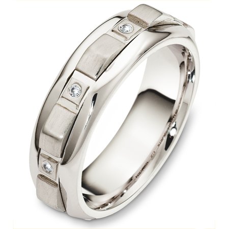 Item # A126781WE - 18 Kt White gold and diamond spinning wedding band, 7.0 mm wide, comfort fit. The band holds 0.08 ct tw diamonds, VS in clarity and GH in color. The center rotating portion is a matte finish and the outer edges are polished. Different finishes may be selected or specified. 