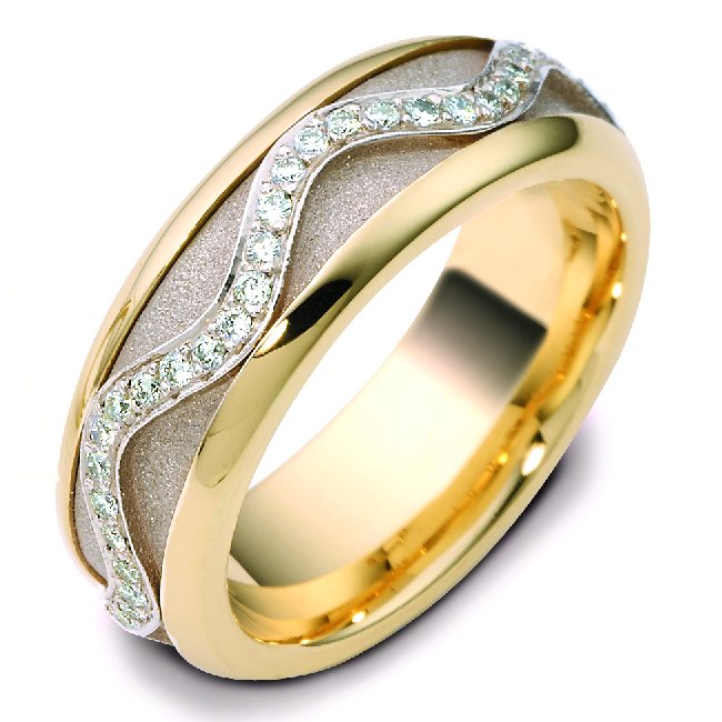 Item # A7769E - 18K two-tone, 7.0mm wide, comfort fit diamond wedding band. the center part is rotating. Diamond total weight is 0.30ct in size 6.0. The diamonds are graded as VS in Clarity and G-H in color.