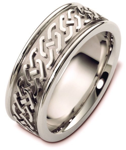 Item # B125771W - One 14K white gold, comfort fit, 8.0 mm wide Celtic wedding band. The raised carved designs and outer edges are polished. The rest is a sandblast matte finish. Different finishes may be selected or specified.