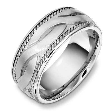 Item # B131951W - 14 Kt White gold weddding band, 9.0 mm wide, comfort fit wedding band. The ropes are 14kt white gold. The center is matte and the rest of the ring is polished. Different finishes may be selected or specified.