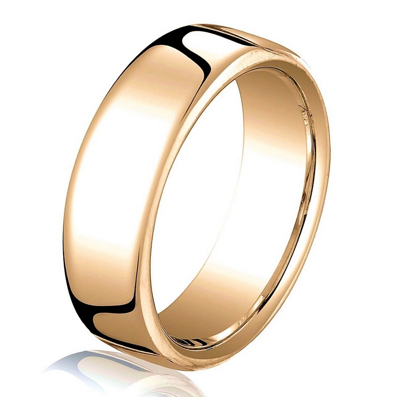 Item # B25833R - 14 kt Rose gold, plain, comfort fit European style 5.5 mm wide wedding band. The ring has a slight flat surface and comfort fit on the inside. It has a polished finish. Other finishes may be selected or specified.