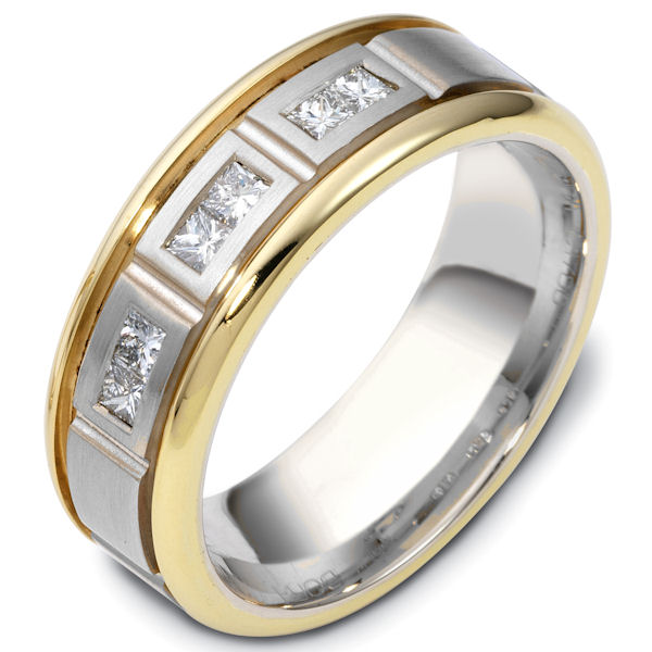 Item # C117861 - 14 K two-tone 7.5 mm wide diamond wedding ring. Diamond total weight is 0.30 ct. VS1 in clarity G in color. The center of the ring is brushed and the outer edges are polished. Different finishes may be selected or specified.