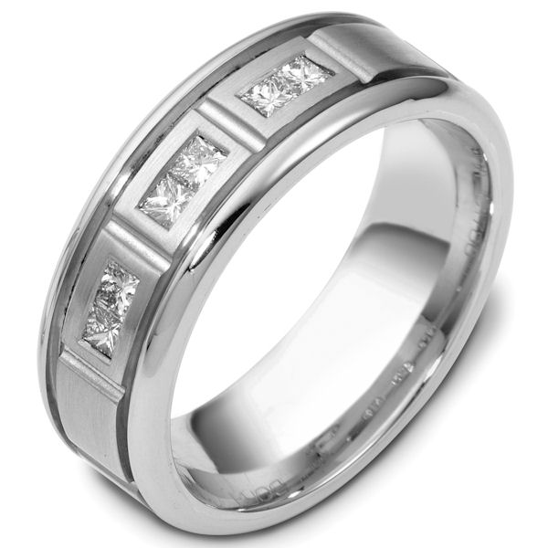 Item # C117861PP - Platinum, 7.5 mm wide diamond wedding ring. Diamond total weight is 0.30 ct. VS1 in clarity G in color. The center of the ring is brushed and the outer edges are polished. Different finishes may be selected or specified. 