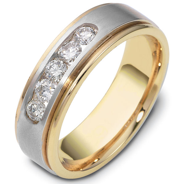 Item # C118371 - 14K Two-tone gold, 7.0 mm wide, comfort fit wedding band. Diamond total weight is approximately 0.50 ct. The diamonds are graded as VS in clarity G-H in color. The finish in the center is matte and the outer edges are polished. Different finishes may be selected or specified. 