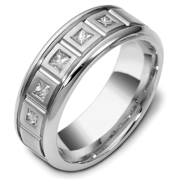 Item # C119271PP - Platinum, 8.0 mm wide, comfort fit, 0.35 ct total weight princess cut diamond ring. Diamonds are VS1 in Clarity G in Color. The finish in the center is matte and the outer edges are polished. Different finishes may be selected or specified.