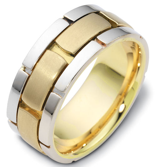 Item # C122041 - 14K two-tone gold, 9.0 mm wide, comfort fit wedding band. The center of the ring is brushed and the outer edges are polished. Different finishes may be selected or specified.