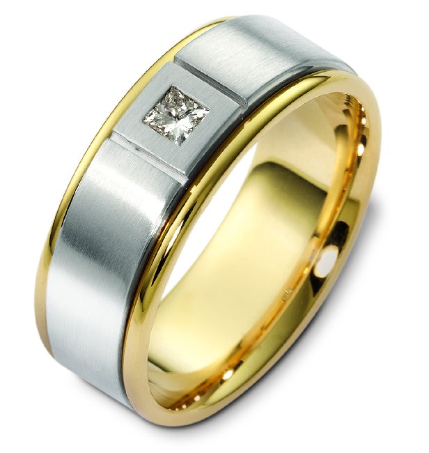 Item # C123751 - 14K two-tone gold,comfort fit, 8.0 mm wide, diamond wedding band. The wedding band holds one princess cut diamond that weighs 0.16 ct and graded as VS in clarity G-H in color. The finish in the center is matte and the outer edges are polished. Different finishes may be selected or specified. 