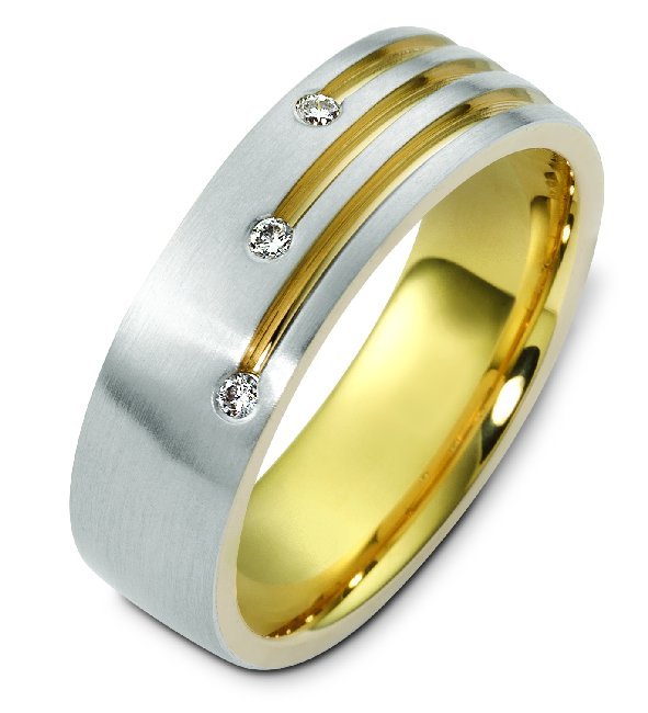 Item # C124431E - 18K two-tone gold, comfort fit 6.5 mm wide, diamond wedding band. Diamonds total weight is 0.09 ct and the diamonds are graded as VS1-2 in clarity G-H in color. The ring is a brushed finish. Other finishes may be selected or requested. 