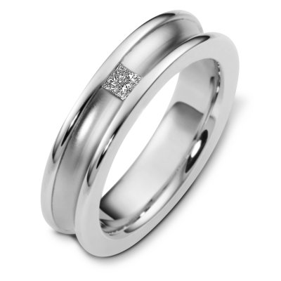 Item # C124451W - 14 K white gold, 6.0 mm wide, comfort fit diamond wedding band. The princess cut diamond weighs 0.16 ct and is graded as VS1 in clarity G in color. The curved inward portion of the ring is a matte finish. The outer edges are polished. Other finishes may be selected or requested.