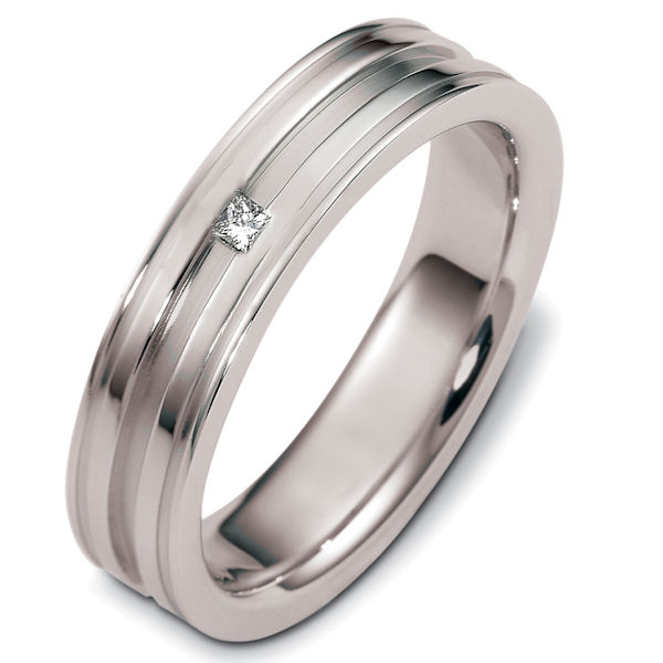 Item # C124811PD - Palladium diamond, comfort fit, 5.5mm wide wedding band. The total diamond weight is 0.035 ct; graded as VS in clarity and G-H in color. There is one princess cut diamond in the center of the ring. The ring has a matte finish in the grooves and polished finish on the rest of the band. Different finishes may be requested. 