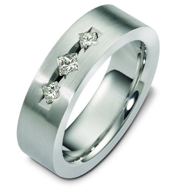 Item # C125351WE - 18K white gold, 7.0 mm wide, comfort fit, diamond wedding band. Three princess cut diamonds total weight is 0.36 ct. Diamonds are graded as VS1-2 in clarity G-H in color. The finish on the ring is matte. Different finishes may be selected or specified. 