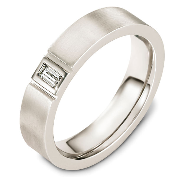 Item # C127541PP - Platinum diamond, 5.5 mm wide, comfort fit wedding band. It holds one straight baguette cut 0.15 ct diamond, VS1 in clarity and GH in color. The ring has a matte finish. Different finishes may be selected. 