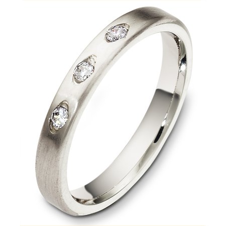 Item # C130311WE - 18 Kt White gold diamond wedding band, 3.0 mm wide, comfort fit band. It hlds 3 diamonds that are 0.12 ct tw, VS in clarity and GH in color. The finish is brushed. Other finishes may be selected or specified. 