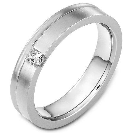 Item # C130351PP - Platinum diamond wedding band, 5.0 mm wide, comfort fit band. The band holds one stone that weighs 0.10 ct diamond, VS in clarity and GH in color. The finish on the ring is matte. Other finishes may be selected or specified. 