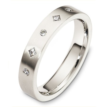 Item # C130691WE - 18 Kt White gold diamond wedding band, 4.0 mm wide, comfort fit band. It holds 0.10 ct tw diamonds, VS in clarity and GH in color. The finish on the ring is matte. Other finishes may be selected or specified. 