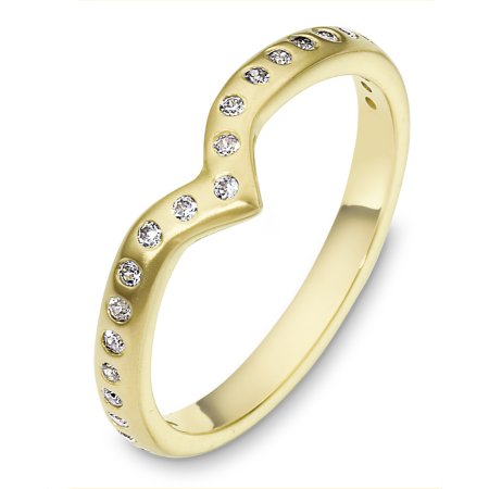 Item # C130881E - 18 Kt Yellow gold diamond wedding band, 2.5 mm wide, comfort fit bad. It holds 0.25 ct tw diamonds, VS in clarity and GH in color. The finish is matte. Other finishes may be selected or specified. 