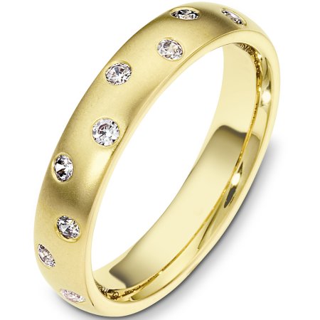 Item # C130981 - 14 Kt Yellow gold diamond wedding band, 4.0 mm wide, comfort fit band with 9 diamonds total weight of 0.23 ct tw, VS1-2 in clarity and GH in color. The finish is matte. Other finishes may be selected or specified. 