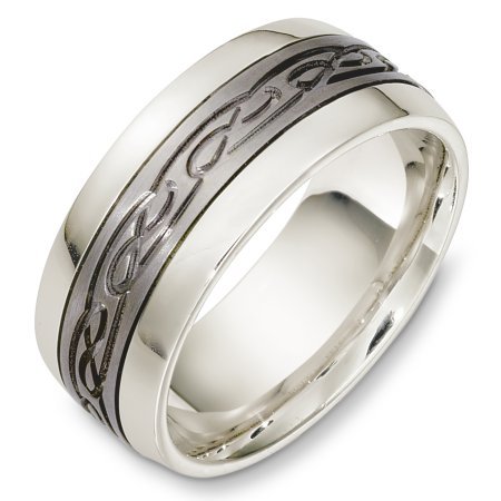 Item # C131331TE - Titanium and 18 kt white gold wedding band, 9.0 mm wide, comfort fit wedding band. The center has a carved design with a matte finish. The outer edges are polished. Different finishes may be selected or specified.