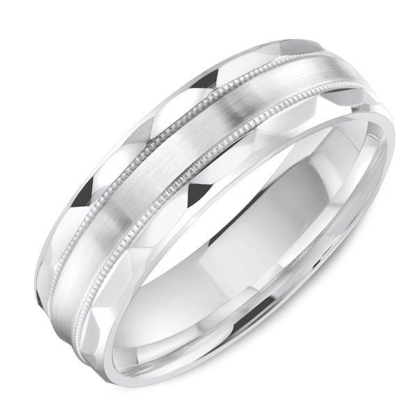 Item # C13734W - 14kt white gold, classic, milgrain, comfort fit wedding band. The ring is 6.0 mm wide and about 1.65 mm thick. Edges are polished and the center is matte. Different finishes may be selected. 