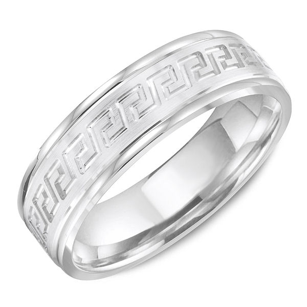 Item # C13746WE - 18kt white gold, greek key, carved, comfort fit wedding band. The ring is 6.0 mm wide and about 1.65 mm thick. The edges and carved design are polishe and the center is matte. Different finishes may be selected. 
