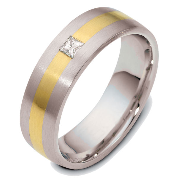 Item # E119361 - 14K yellow and white gold 7.0 mm wide, diamond ring. Diamond weighs 0.13ct. The diamond is graded as VS1 in Clarity G in Color. The finish on the ring is matte. Other finishes may be selected or specified.  