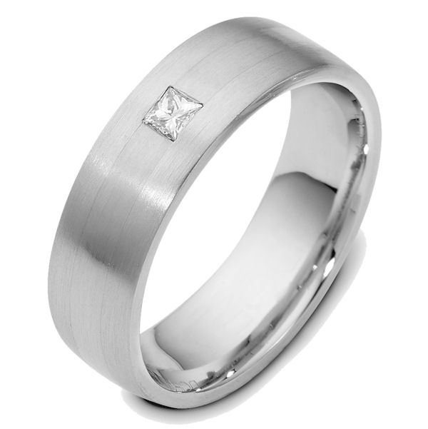 Item # E119361PP - Platinum, 7.0 mm wide, diamond ring. Diamond weighs 0.13ct. The diamond is graded as VS1 in Clarity G in Color.  The finish on the ring is matte. Other finishes may be selected or specified.  