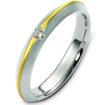 Item # E124981E - 18K two tone gold, 4.0 mm wide, 2.5 mm thick, comfort fit, diamond wedding band. Diamond is 0.08 ct and VS in clarity G-H in color.