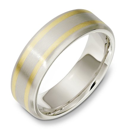 Item # E133301E - 18K white and yellow gold, comfort fit, 7.0 mm wide wedding band. The band is satin finished. Other finishes may be selected or specified. Colors can be reversed.