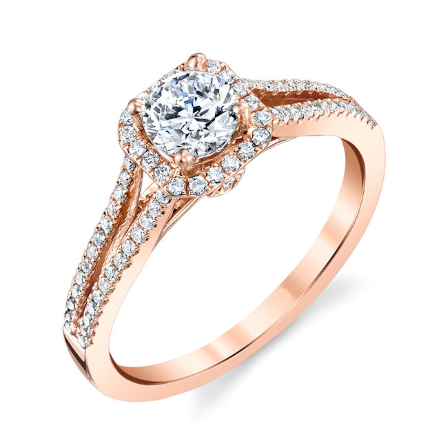 Item # E32144R - 14kt rose gold, halo, diamond engagement ring. There are about 74 round brilliant cut diamonds set in the ring. The diamonds are about 0.25 ct tw, VS1-2 in clarity and G-H in color. Center stone is sold separately and in different sizes. Pictured is a 0.75 carat round diamond