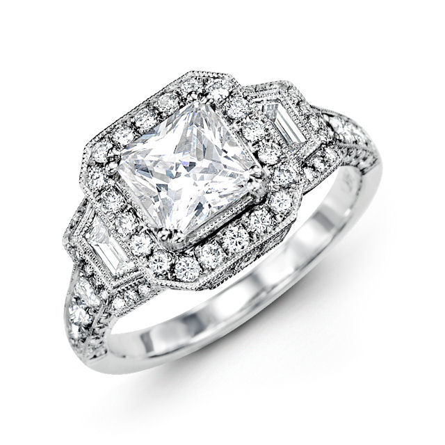 Item # E32209PP - Platinum, vintage, princess cut, diamond halo engagement ring. There are 88 round brilliant & baguette cut diamonds set around the center stone and down the side. The rounds diamonds are about 0.68 ct tw and the baguette cut diamonds are about 0.15 ct tw; VS1-2 in clarity and G-H in color. Center stone is sold separately and in different sizes. Pictured is a 1.0 carat princess cut diamond. 