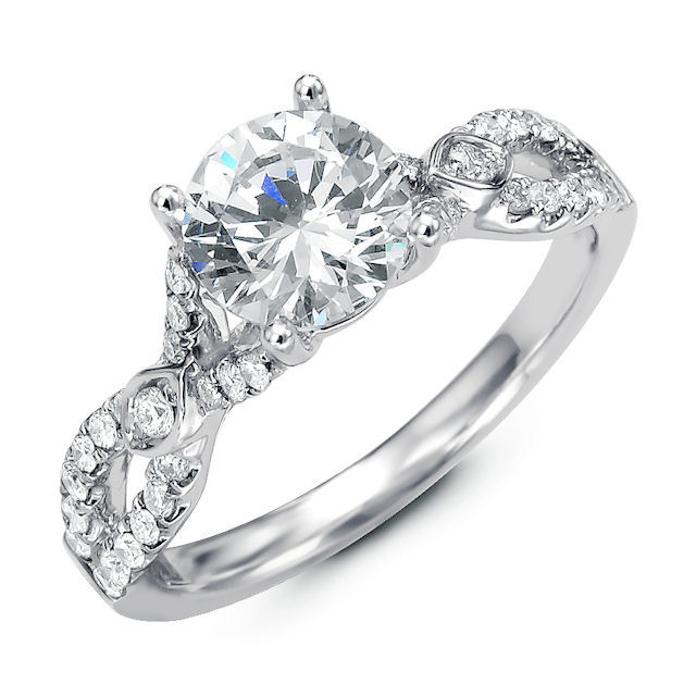 Item # E32354WE - 18kt white gold, twisted, diamond engagement ring. There are about 38 round brilliant cut diamonds set in the ring. The diamonds are about 0.38 ct tw, VS1-2 in clarity and G-H in color. Center stone is sold separately and in different sizes. Pictured is a 1.0 carat round diamond. 