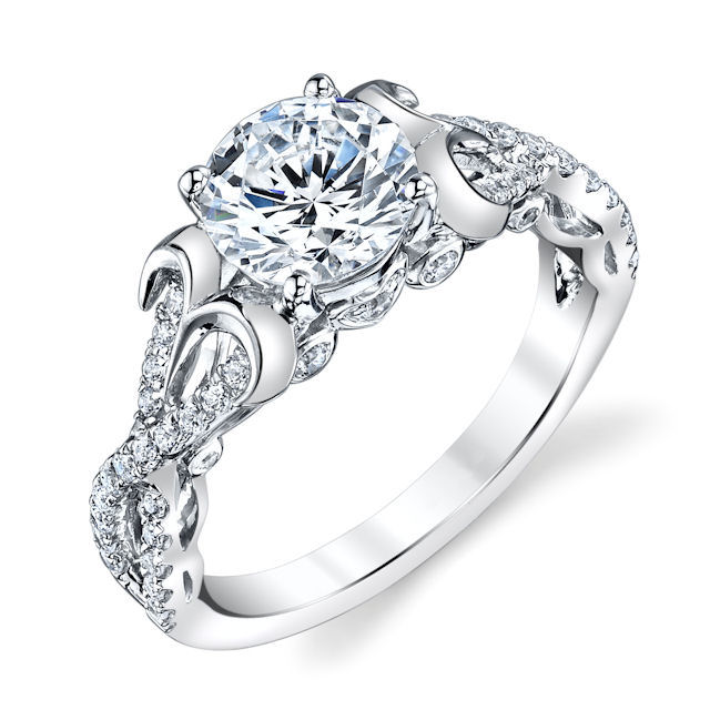 Item # E32526PP - Platinum, sculptural, diamond engagement ring. There are about 50 round brilliant cut diamonds set in the ring. The diamonds are about 0.33 ct tw, VS1-2 in clarity and G-H in color. Center stone is sold separately and in different sizes. Pictured is a 1.25 carat diamond. 