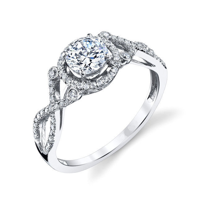Item # E32529PP - Platinum, twisted, diamond halo engagement ring. There are 70 round brilliant cut diamonds set around the center stone & down the side of the ring. The diamonds are about 0.22 ct tw, VS1-2 in clarity and G-H in color. Center stone is sold separately and ring can be made for any size. The stone pictured here is a 1.0 carat size. 