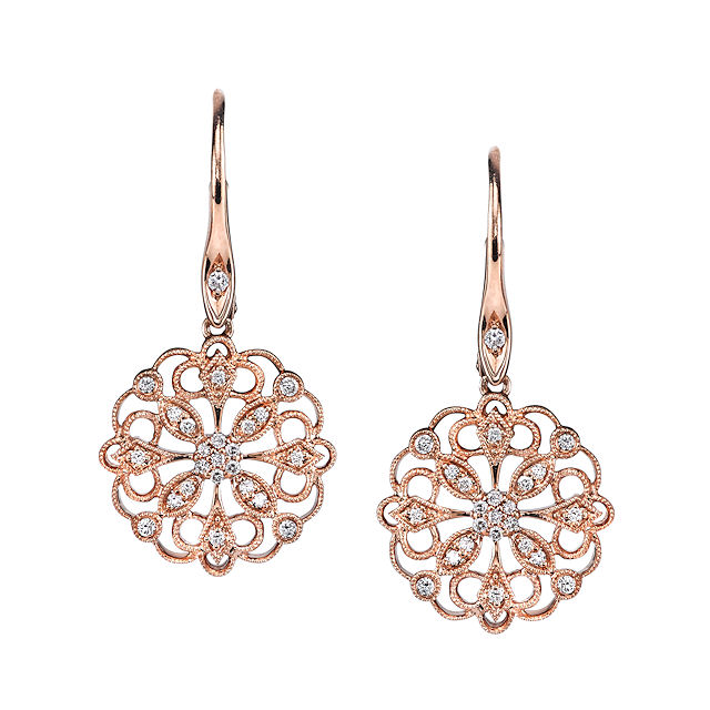 Item # E32589R - 14kt rose gold, circular, vintage, diamond dangle earrings. There are about 48 round brilliant cut diamonds set in the earrings. The diamonds are about 0.23 ct tw, VS1-2 in clarity and G-H in color. 
