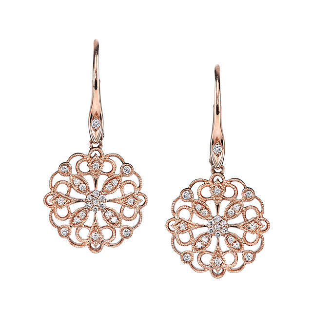Item # E32589RE - 18kt rose gold, circular, vintage, diamond dangle earrings. There are about 48 round brilliant cut diamonds set in the earrings. The diamonds are about 0.23 ct tw, VS1-2 in clarity and G-H in color. 