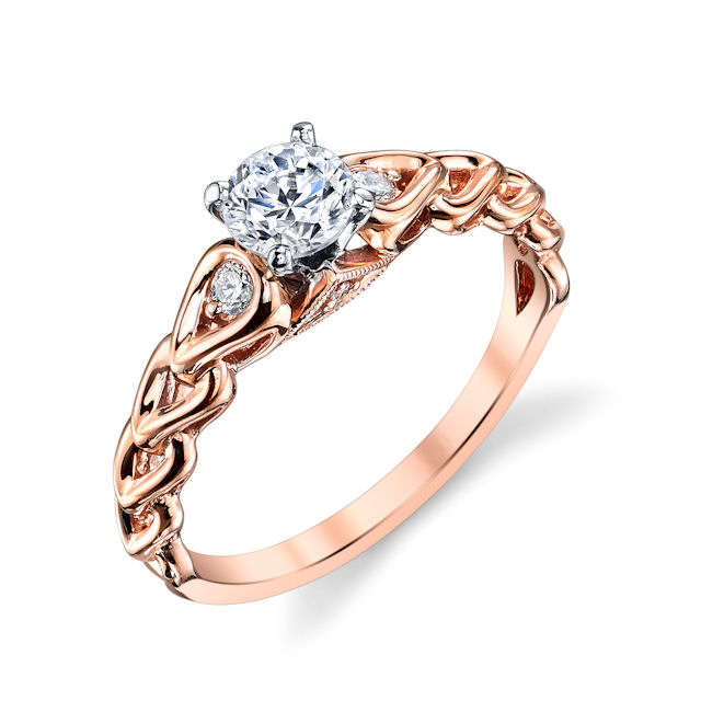 Item # E32592R - 14kt rose gold, sculptural diamond engagement ring. There are about 4 round brilliant cut diamonds set in the ring. The diamonds are about 0.09 ct tw, VS1-2 in clarity and G-H in color. Center stone sold separately and in different sizes. Pictured is 0.75 carat diamond. 
