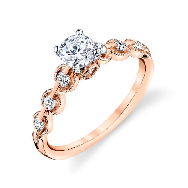 Item # E32596RE - 18kt rose gold, diamond engagement ring. There are about 8 round brilliant cut diamonds set in the ring. The diamonds are about 0.25 ct tw, VS1-2 in clarity and G-H in color. Center stone is sold separately and in different sizes. Pictured is a about 0.75 carat diamond.