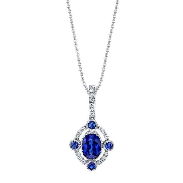 Item # E32695W - 14kt white gold, sapphire & diamond necklace. The sapphires are about 0.43 carats total weight and the diamonds are about 0.18 ct tw, VS1-2 in clarity and G-H in color. The pendant hangs on an 18