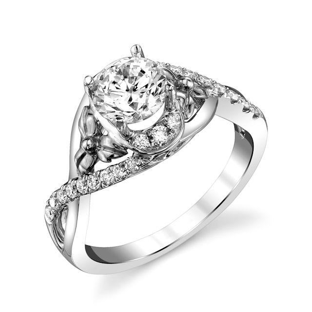 Item # E32740W - 14kt white gold, diamond engagement ring. There are about 24 round brilliant cut diamonds set in the ring. The diamonds are about 0.29 ct tw, VS1-2 in clarity and G-H in color. Center stone is sold separately and in different sizes. Pictured is a 1.0 carat diamond. 