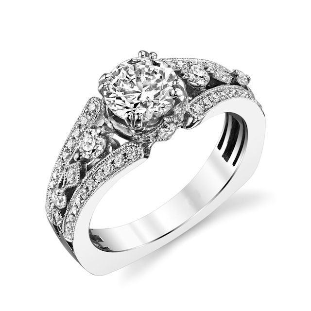 Item # E32837W - 14kt white gold, milgrain, diamond engagement ring. There are about 54 round brilliant cut diamonds set in the ring. The diamonds are about 0.46 ct tw, VS1-2 in clarity and G-H in color. Center stone is sold separately and in different sizes. Pictured is a 1.0 carat diamond. 