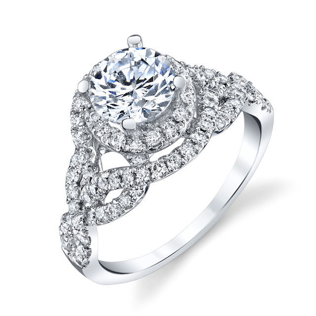 Item # E7056WE - 18kt white gold, diamond, scupltural, halo engagement ring. There are about 90 round brilliant cut diamonds set in the ring. The diamonds are about 0.55 ct tw, VS1-2 in clarity and G-H in color. Center stone is sold separately and in different sizes. Pictured is a 1.0 carat diamond. 