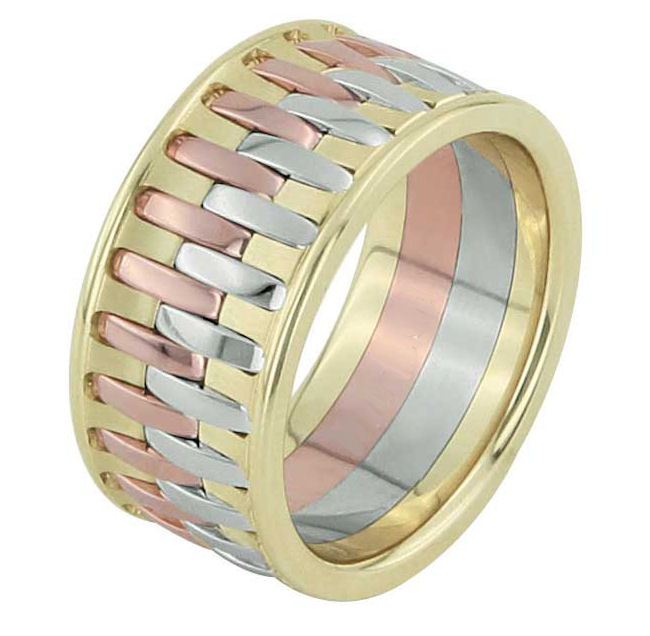 Item # F3064123E - One 18 kt tri color gold, comfort fit, 10.90mm wide wedding band. Please allow us 3 weeks to manufacture the wedding ring.