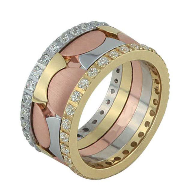 Item # F3084012DE - One 18 kt tri color gold, comfort fit, eternity ring. This wedding band holds 1.05 ct total weight diamonds in size 6.0 the diamonds are graded as VS1-2 in clarity G-H in color. Please allow us 3 weeks to manufacture the wedding ring