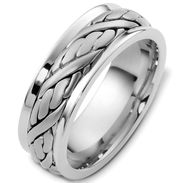 Item # G125891PP - Platinum handcrafted, comfort fit, 7.5mm wide wedding band. The ring has a beautiful hand crafted design in the center that has a satin brush finish. The edges are polished. Different finishes may be selected or specified. 