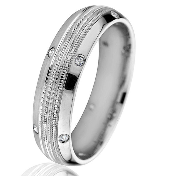 Item # G66770W - 14kt white gold, diamond, milgrain, comfort fit wedding ring. The center of the ring has two milgrain rows. There are 12 round brilliant cut diamonds set on the edges of the ring. The diamonds are 0.18 ct tw, VS1-2 in clarity and G-H in color. The ring is 6.0 mm wide with a polished finish. Other finishes may be selected or specified. 