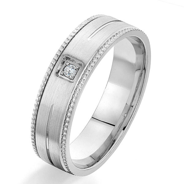Item # G66967W - 14kt white gold, diamond, comfort fit wedding ring. There is one round brilliant cut diamond set in the ring. The diamond is 0.05 carats total weight, VS1-2 in clarity and G-H in color. The ring is 8.0 mm wide with a mix of brushed and polished finish. Other finishes may be selected. 