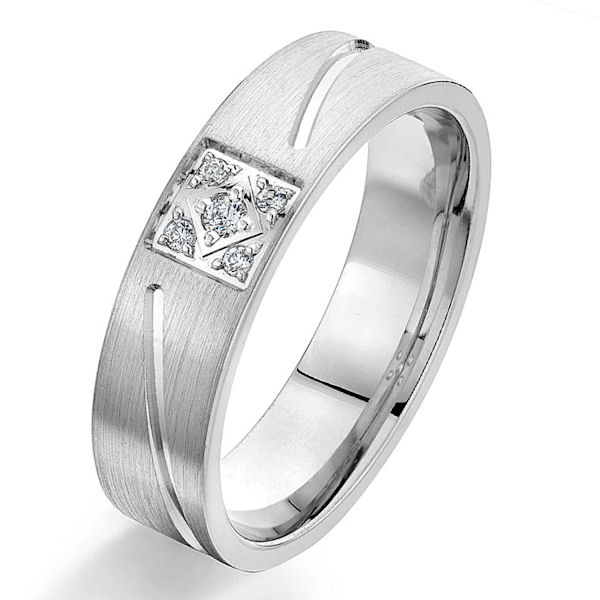Item # G66968WE - 18kt white gold, carved and diamond, comfort fit wedding ring. There are 5 round brilliant cut diamonds set in the ring. The diamonds are 0.08 ct tw, VS1-2 in clarity and G-H in color. The ring is 6.0 mm wide with a brushed and polished finish. Other finishes may be selected or specified. 