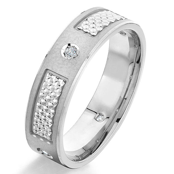 Item # G66969W - 14kt white gold, contemporary, diamond, comfort fit wedding ring. There are 4 round brilliant cut diamonds set around the whole ring. The diamonds are 0.08 ct tw, VS1-2 in clarity and G-H in color. The ring is 6.0 mm wide with a mix of finishes. 
