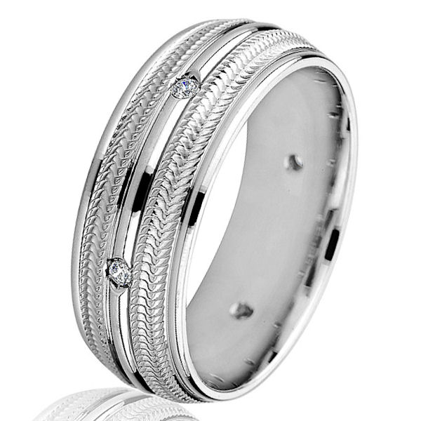 Item # G86768W - 14kt white gold, contemporary, diamond, comfort fit wedding ring. There are 6 round brilliant cut diamonds set in the center of the ring. The diamonds are 0.09 ct tw, VS1-2 in clarity and G-H in color. The ring is 8.0 mm wide with a polished finish. Other finishes may be selected or specified. 