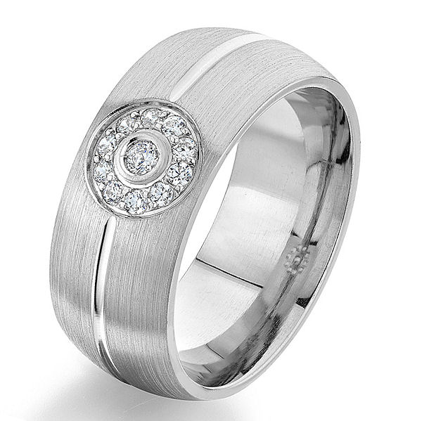 Item # G86803WE - 18kt white gold, diamond, comfort fit wedding ring. There are 11 round brilliant cut diamonds set in the center. The diamonds are 0.13 ct tw, VS1-2 in clarity and G-H in color. The ring is 8.0 mm wide with a brush finish. Other finishes may be selected or specified. 